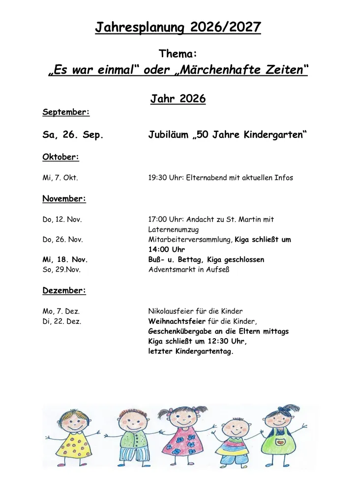 Jahresplanung 2026 der Evangelischen Kita Aufseß